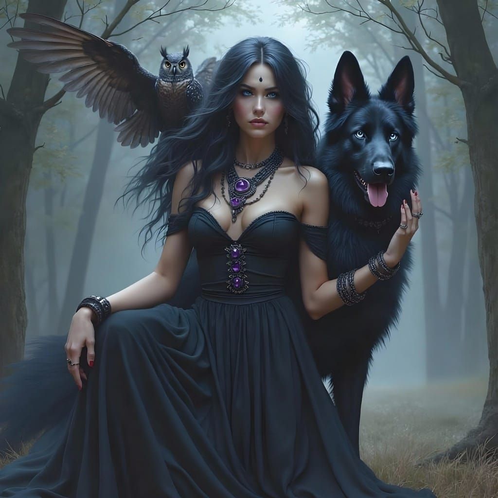 Hecate With German Shepherd and Owl in Shadowy Woods