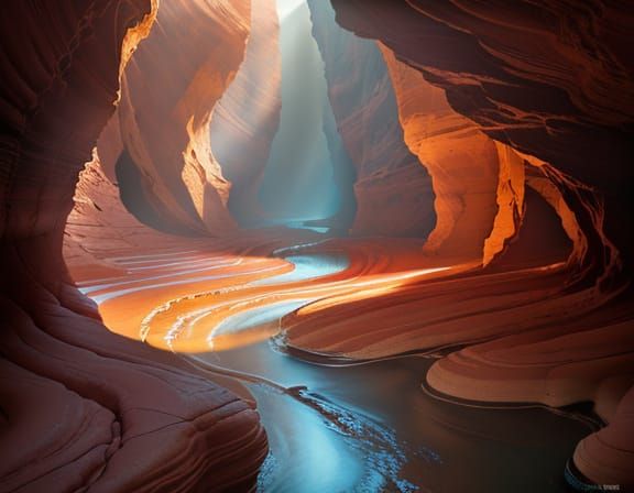 Eroded Slot Canyon at Golden Hour, Photorealistic Digital Pa...