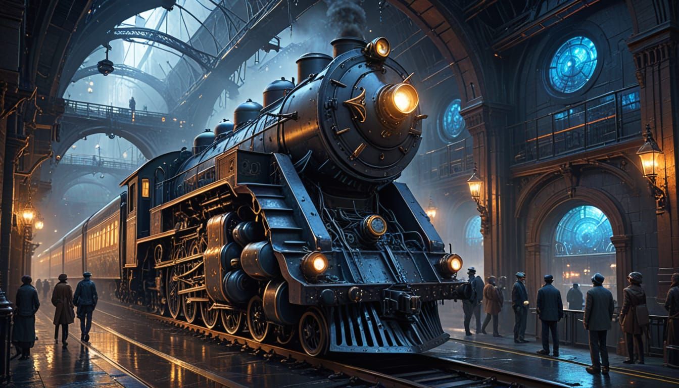 Steampunk Train Station Inside Hollow Meteorite