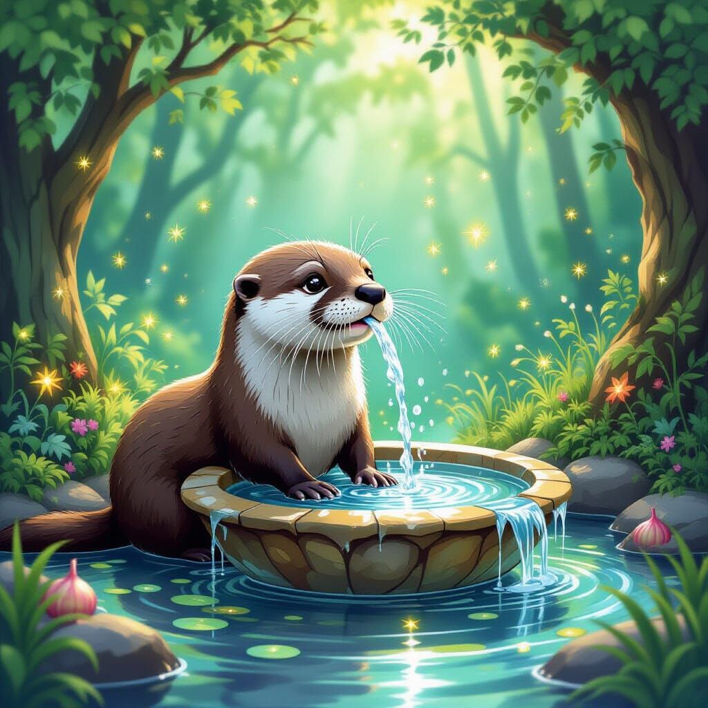 Magical Forest Otter Fountain in Watercolor Style