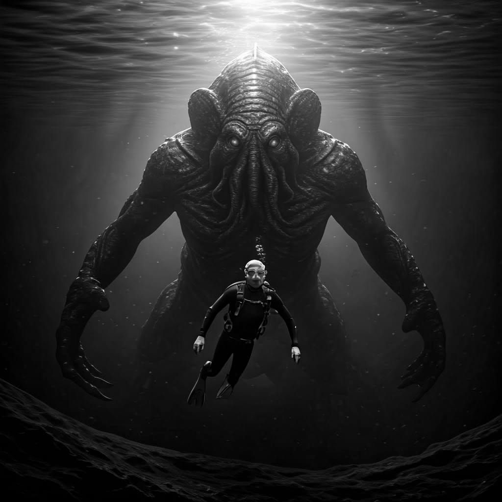Eldritch Sea Monster Attacks Swimmer: Photorealistic Underwa...