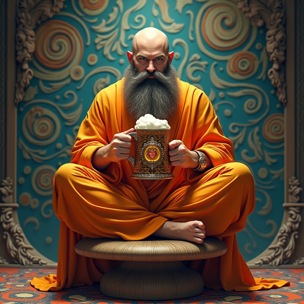 Psychedelic Beer Drinker in Ornate Fantasy Setting