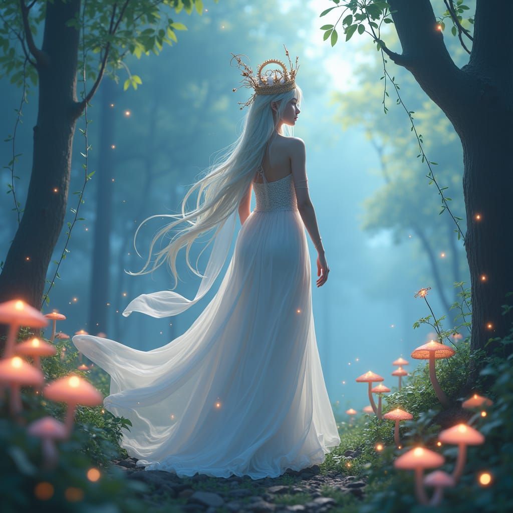 Virgo Princess in Bioluminescent Anime Forest