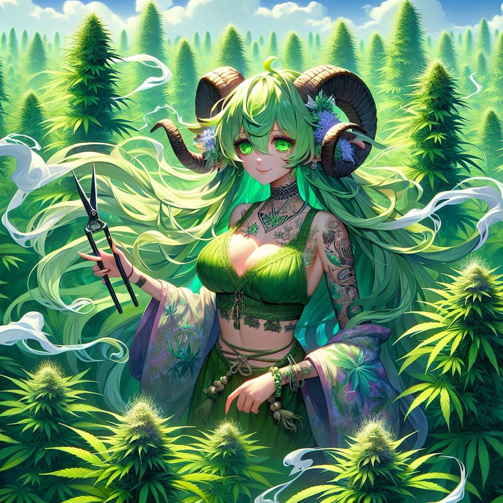 Anime Satyr Girl in Cannabis Field