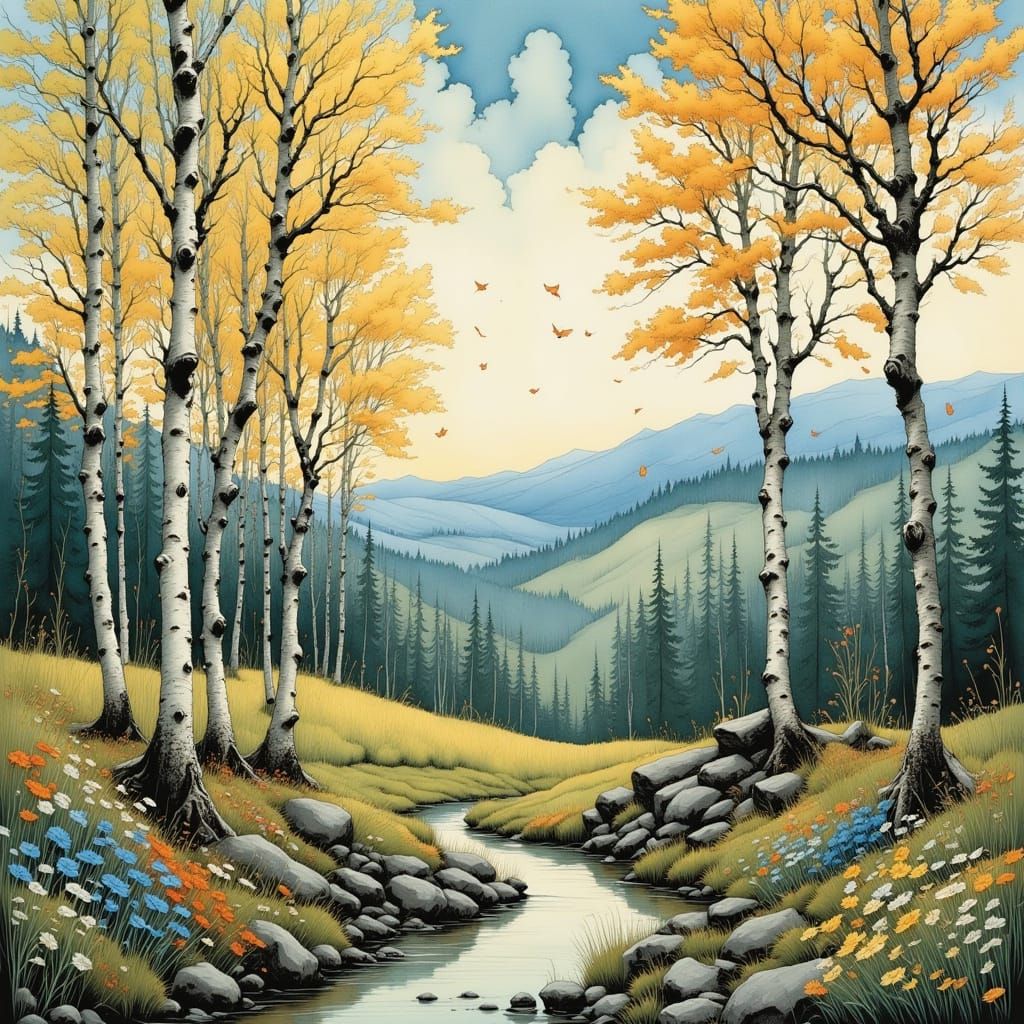 Aspen Trees in Spring: Jagged Paper Edge Effect