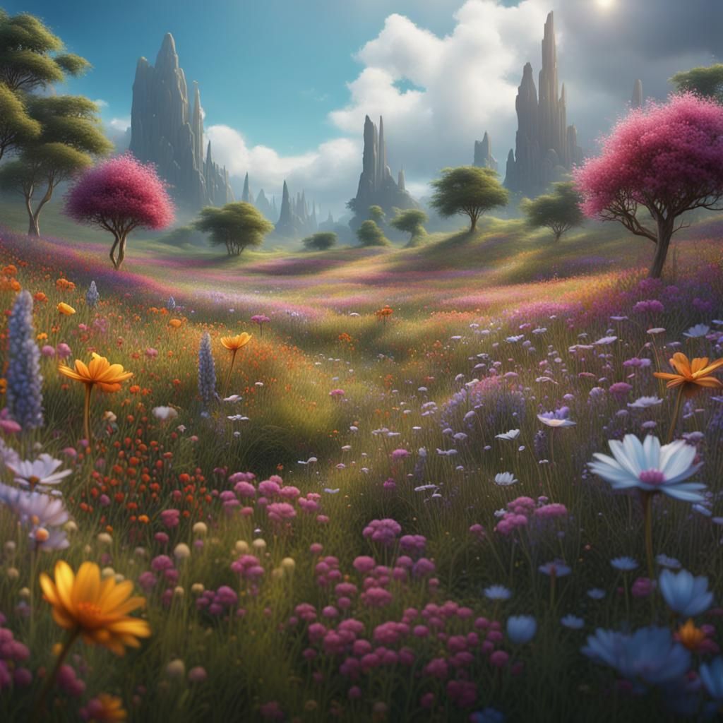 Fantastical Flower Meadow in Detailed Matte Painting