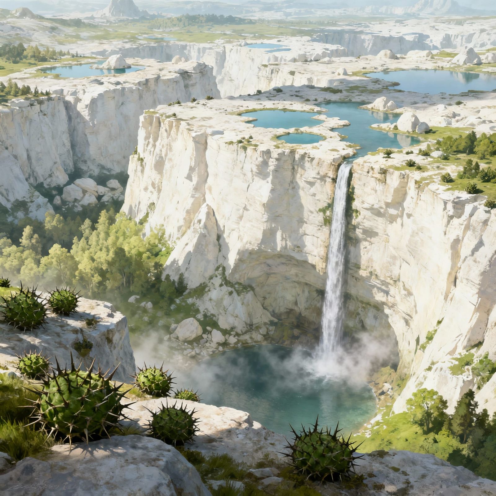 Fantasy Landscape with Whitish Cliffs and Waterfall
