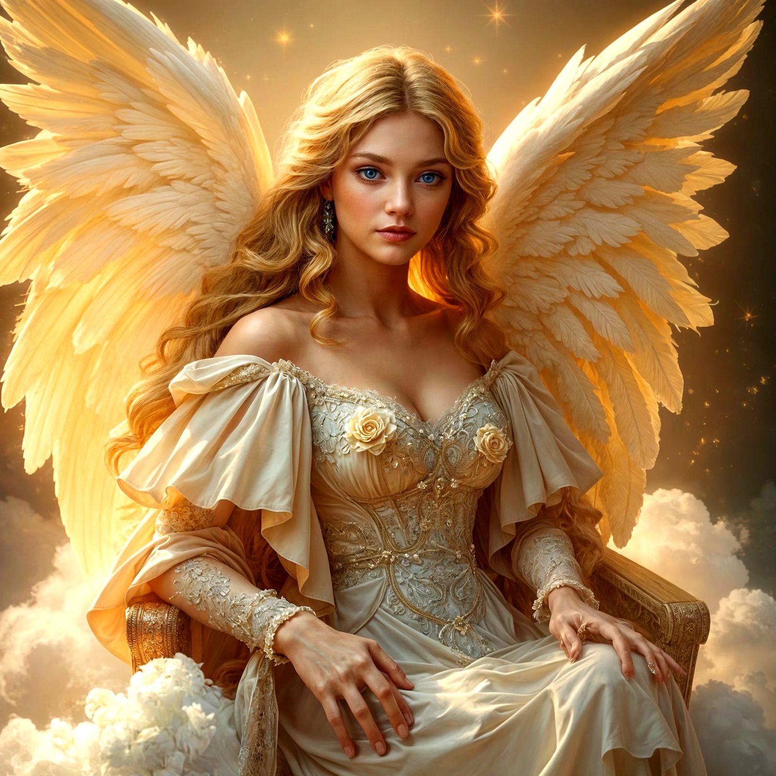 Angel Queen with Long Blonde Hair and Piercing Blue Eyes