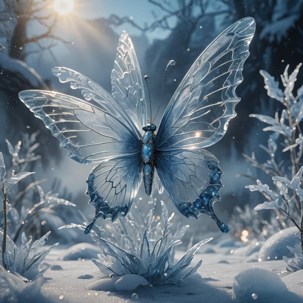 Ice Butterfly in Blue Air: 3D Render