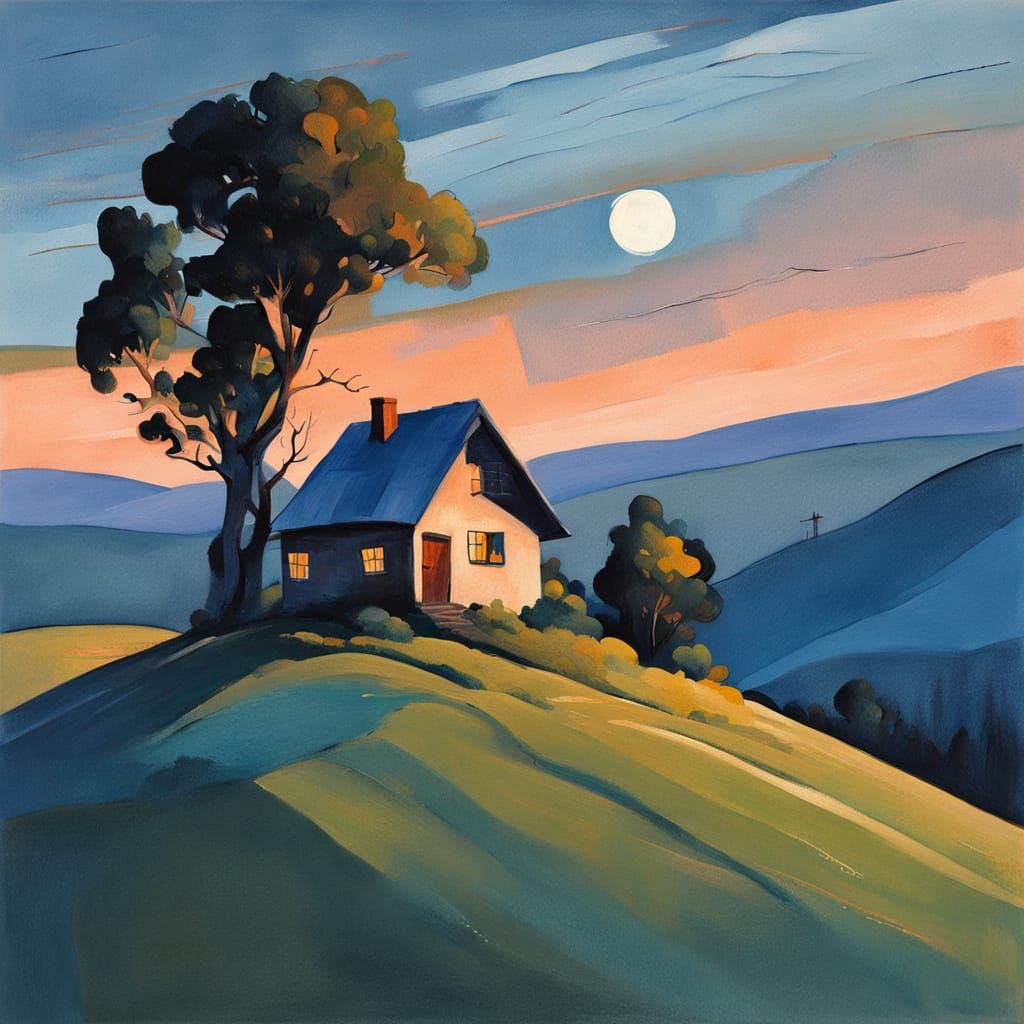 Tiny Old House on Windswept Hill in Gouache