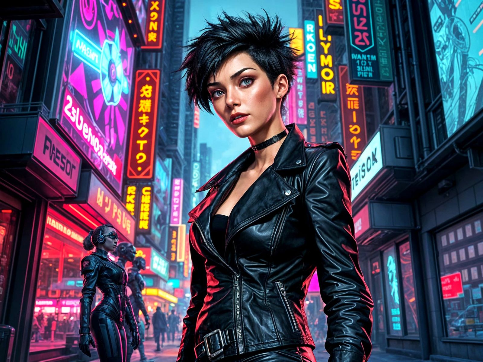 Cyberpunk Villainess in Neon Cityscape
