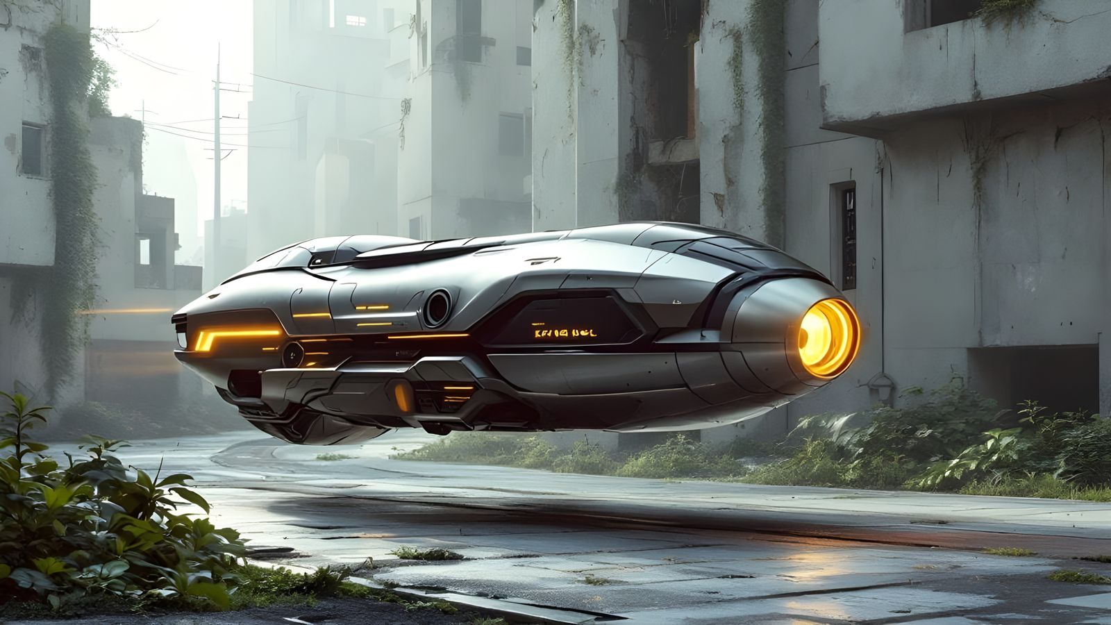 Futuristic Hover Bike in Decaying Cyberpunk City