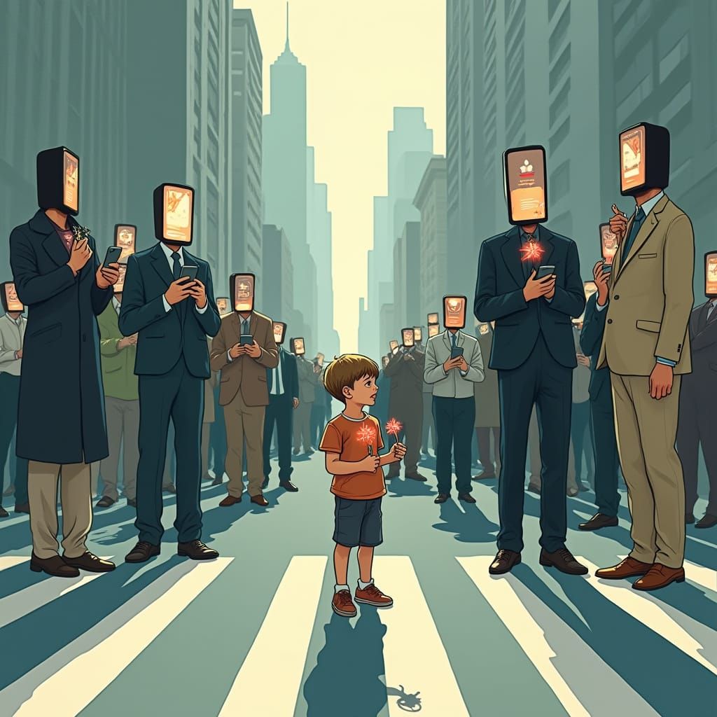 A Young Boy Surveys Modern Society in a Dreamlike Cityscape