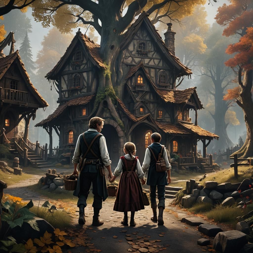 Hansel & Gretel's Joyful Homecoming: Detailed Matte Painting