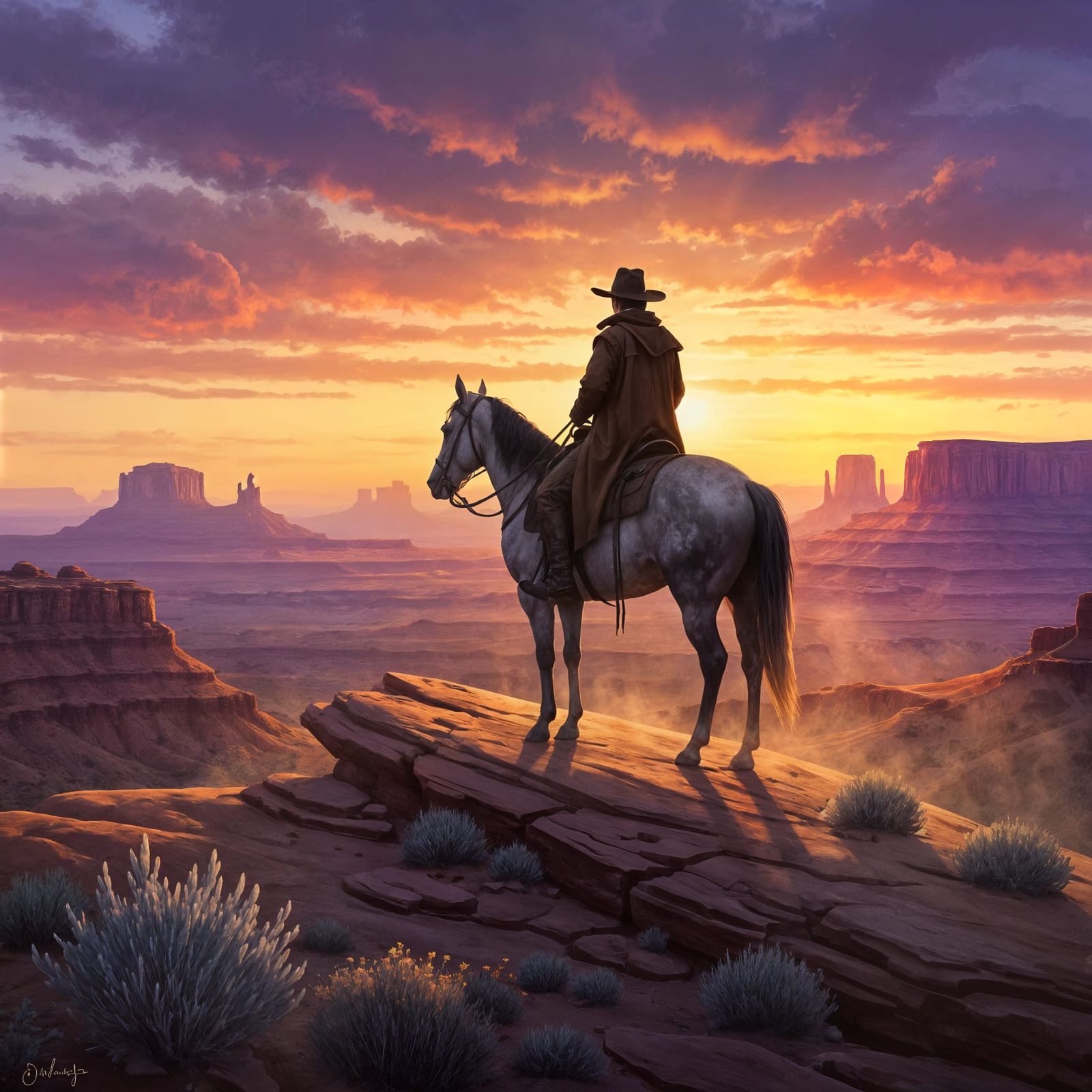 Luminous Oil Painting of Cowboy at Twilight
