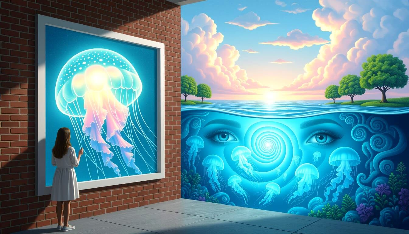 Chalk Art Illusion: Jellyfish Reflection on Brick Wall
