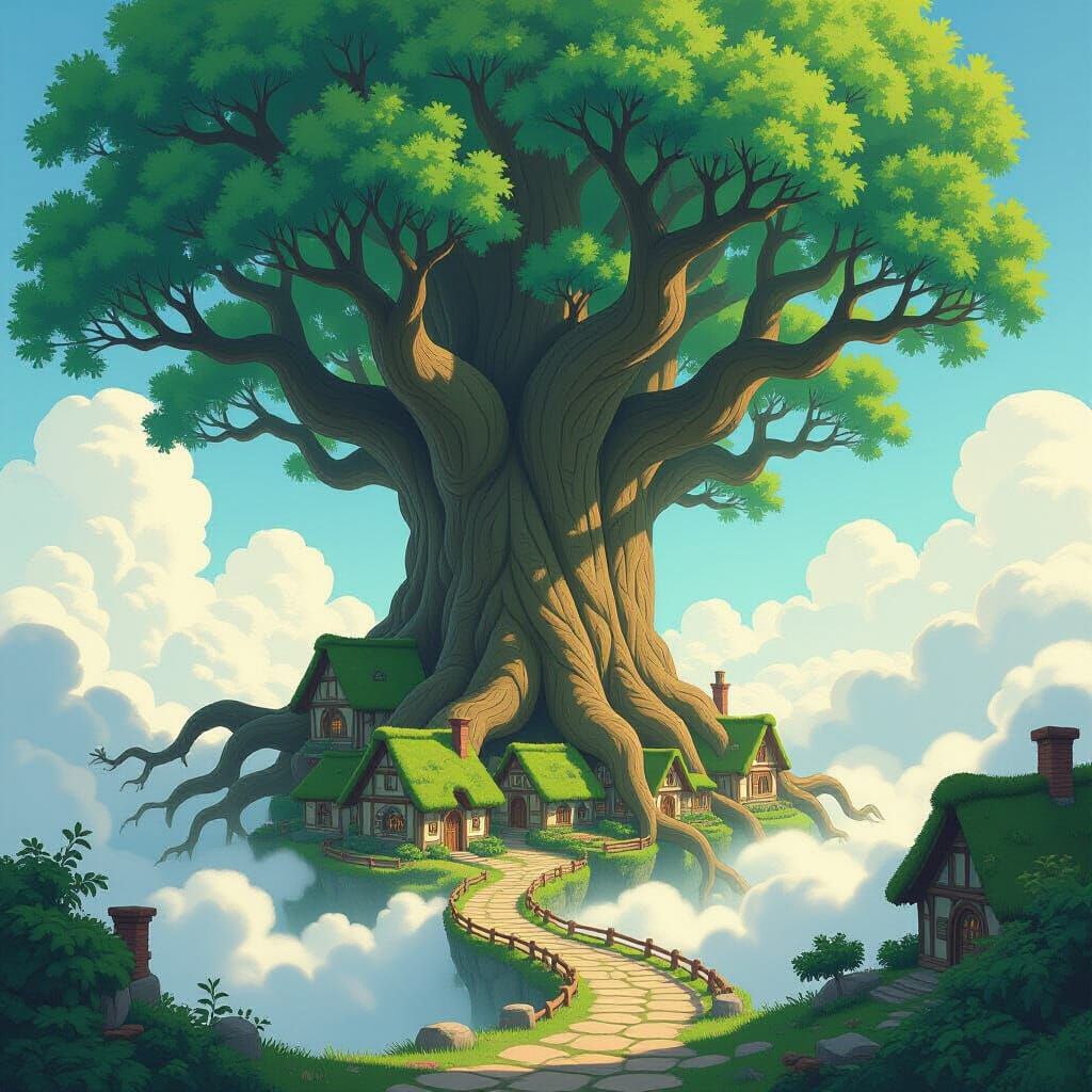 Ancient Tree Village in Ethereal Clouds