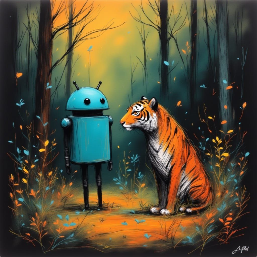 Rusty Android Meets Tiger in Forest