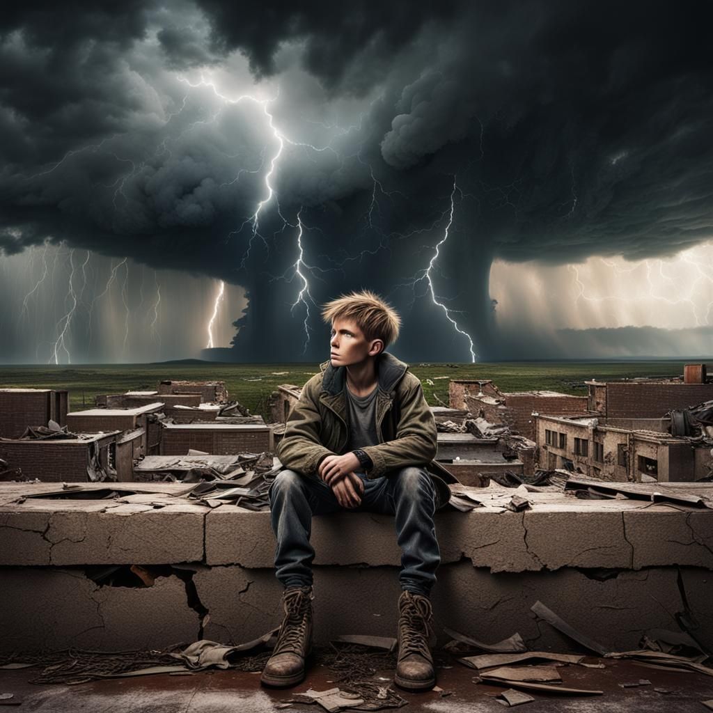 Boy Sits Before an Approaching Tornado