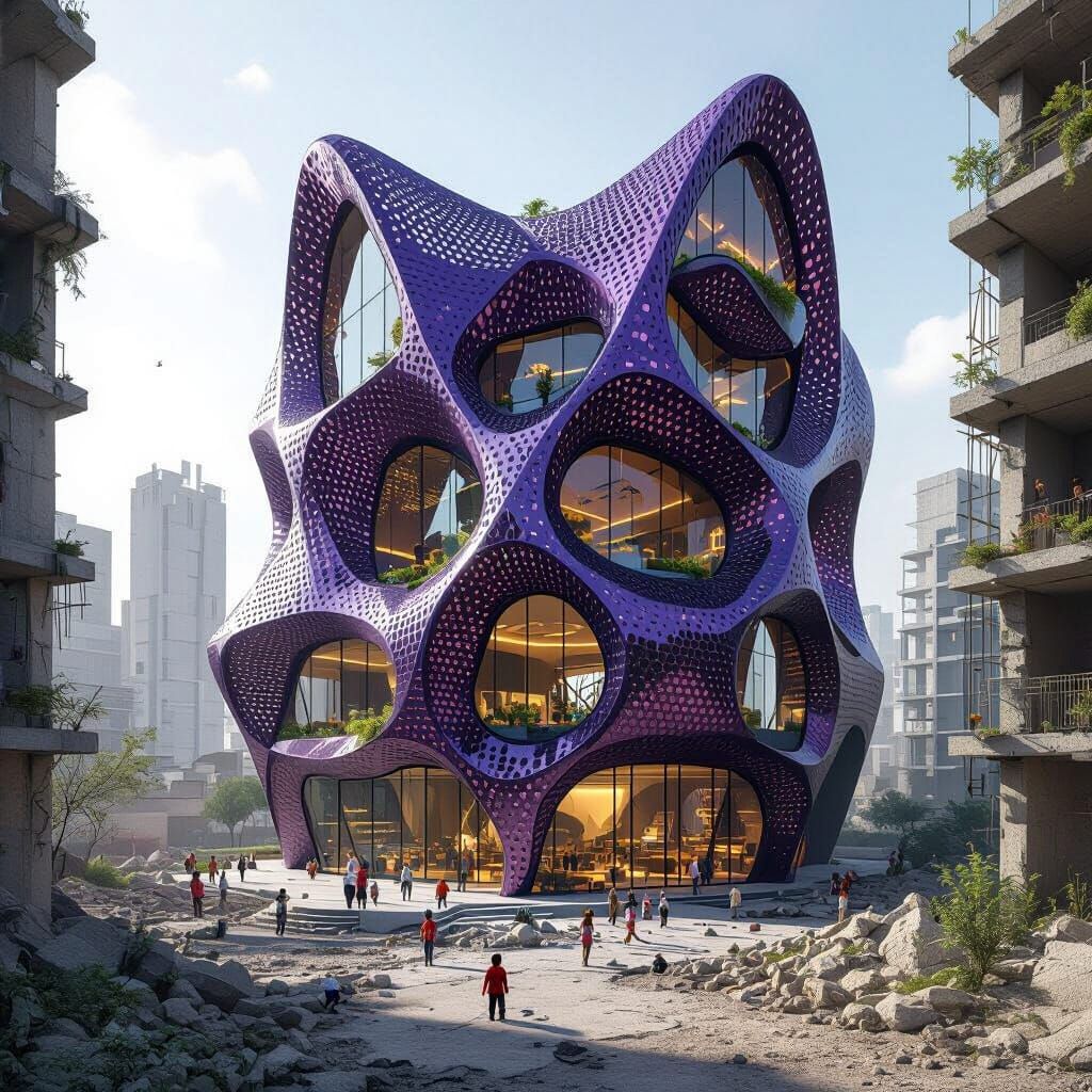 Futuristic Building with Abstract Petals in Cyberpunk Style