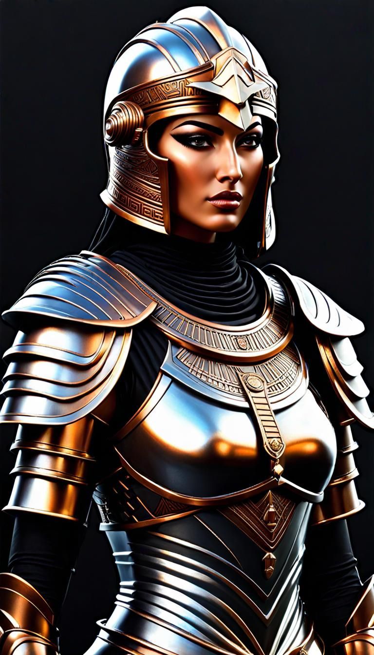Woman beautiful fantasy knight with female Egyptian inspiration,  bronze, silver,  and copper armor