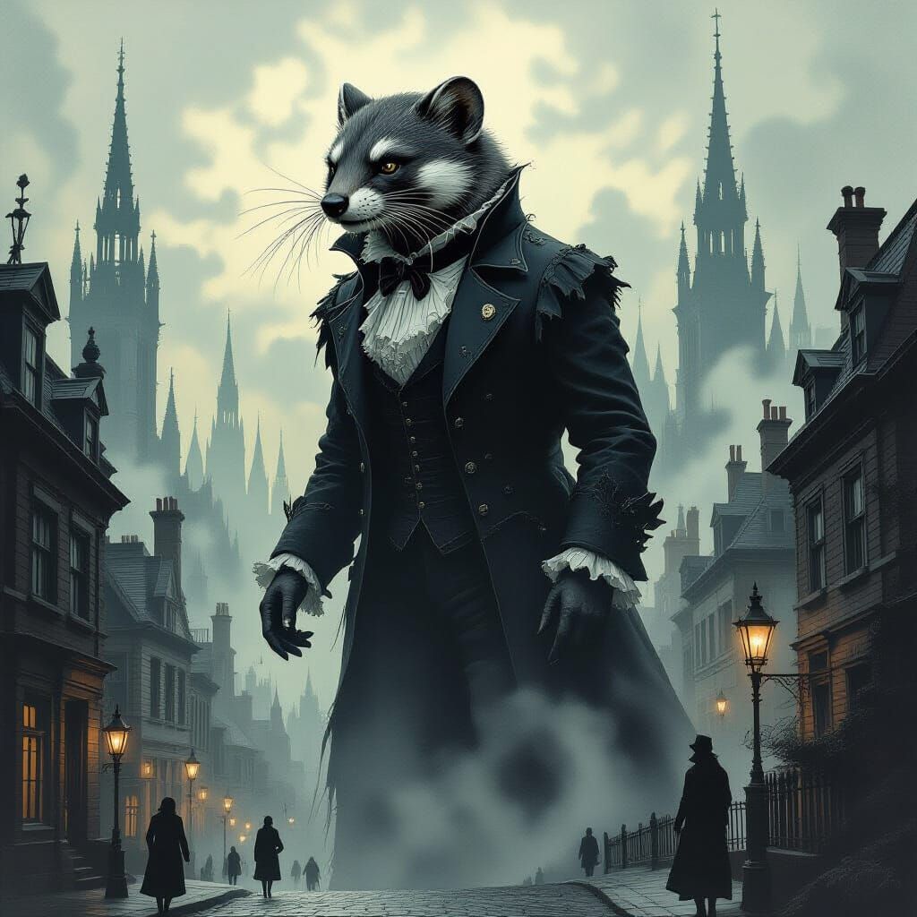 Giant Weasel in Victorian Dress Over Gothic Cityscape