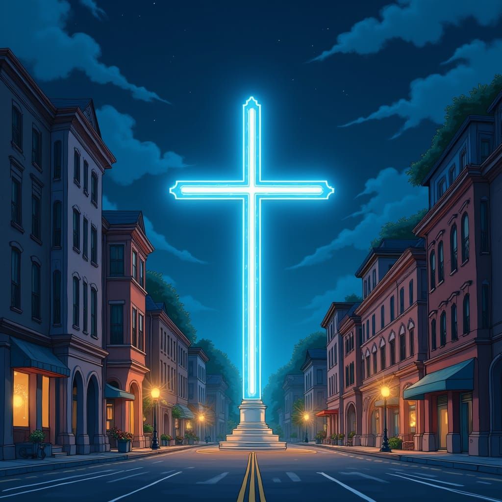 Neon Cross Radiates Love in Vibrant City Night