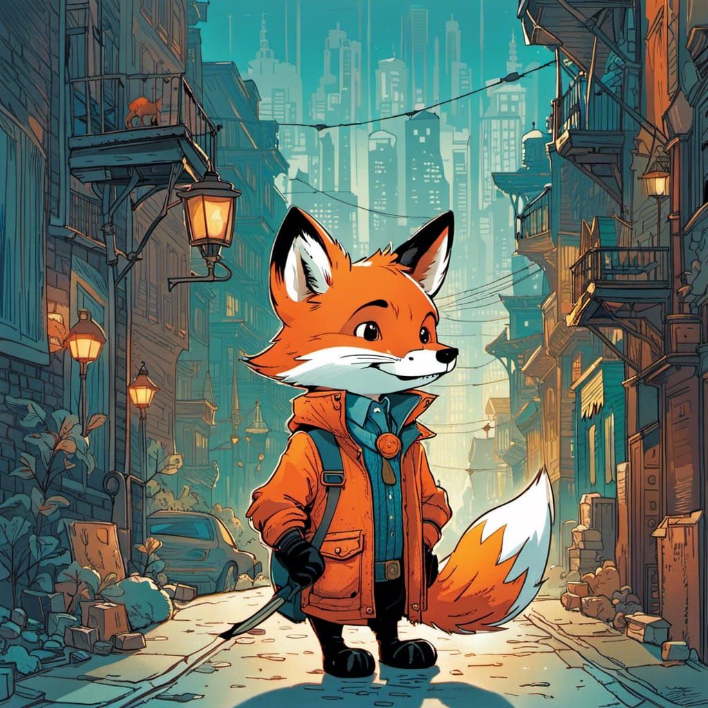 Anthropomorphic Fox in Urban Alley Storybook Illustration