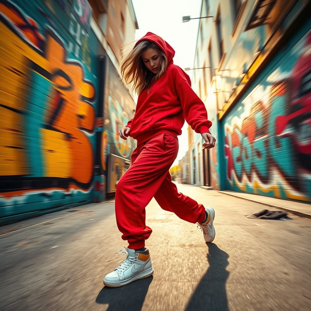 Vibrant Street Art Dance Scene in a Bold Red Color Palette