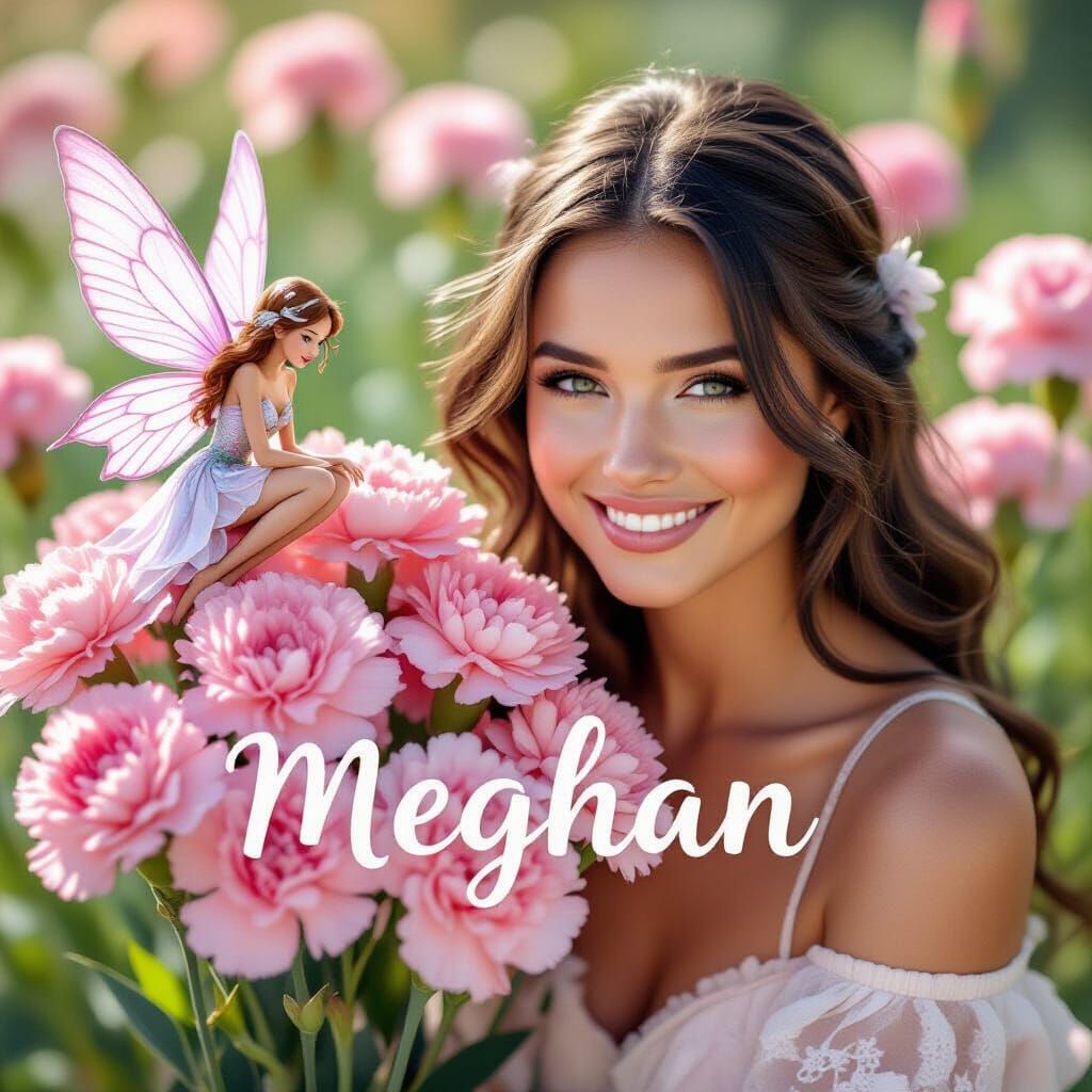 Meghan Portrait Made of Pink Carnations with Fairy