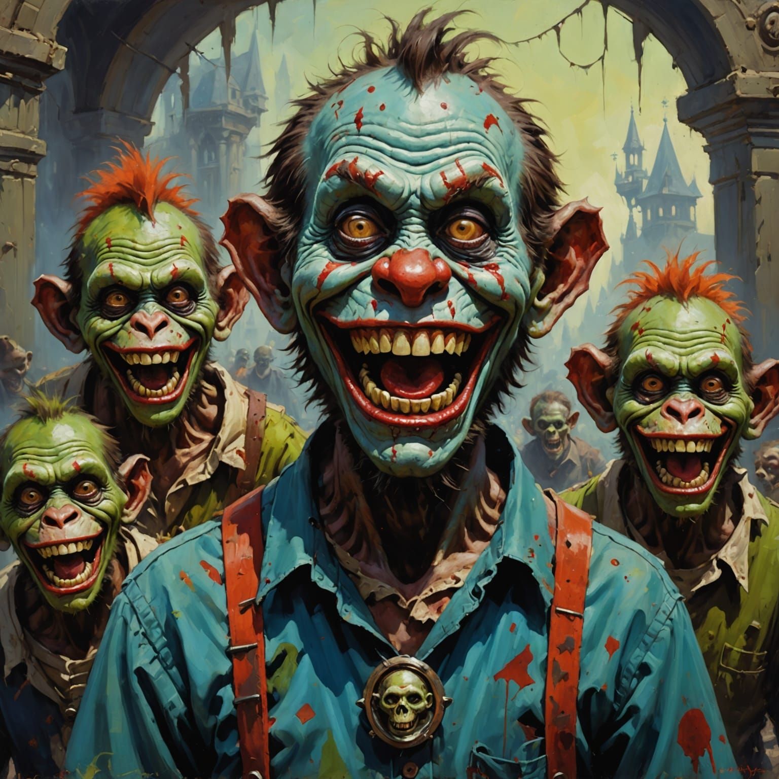 Surreal Oil Painting of a Grinning Clown Altar Scene