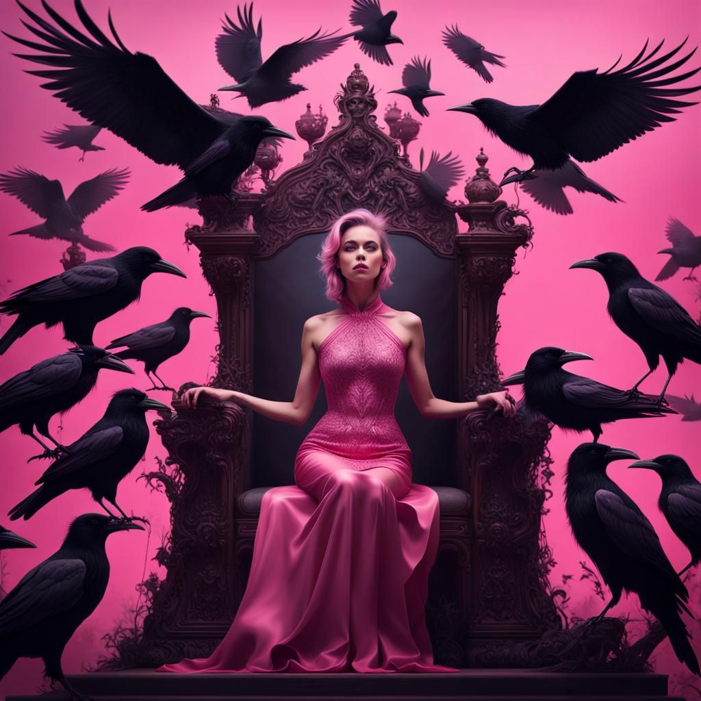 Pink Haired Woman on Throne Surrounded by Crows