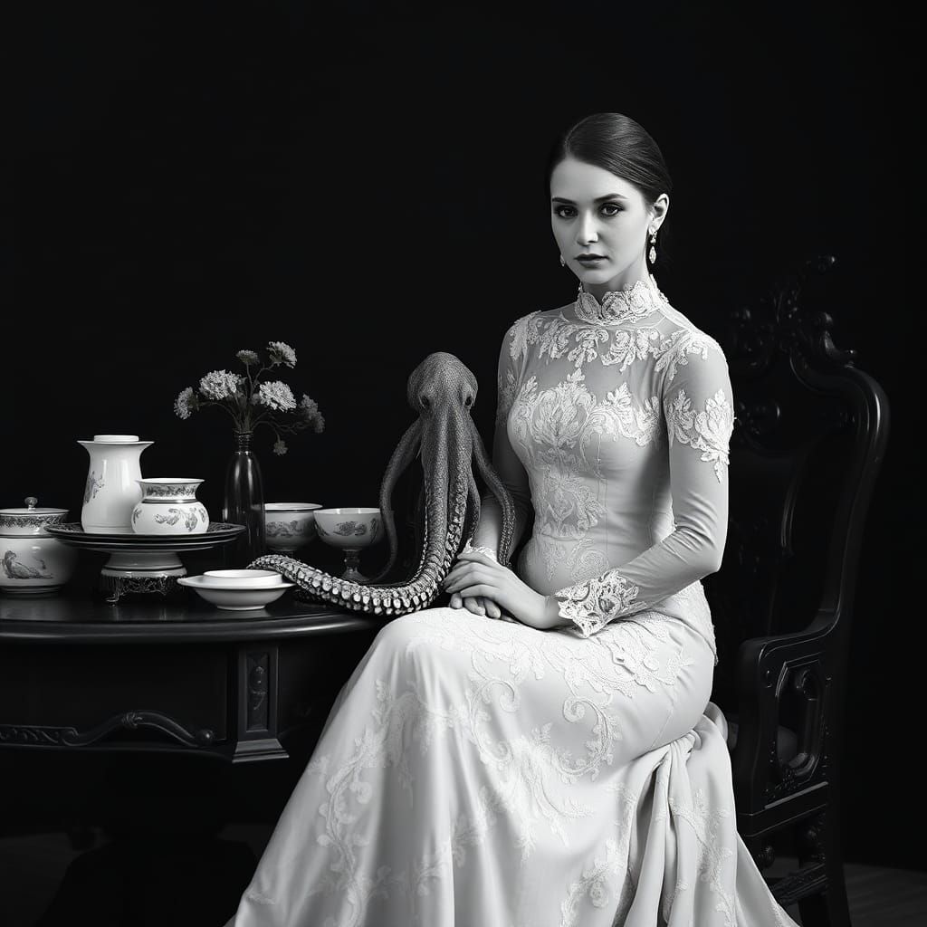 Elegant Woman with Octopus Still Life, Avedon Style