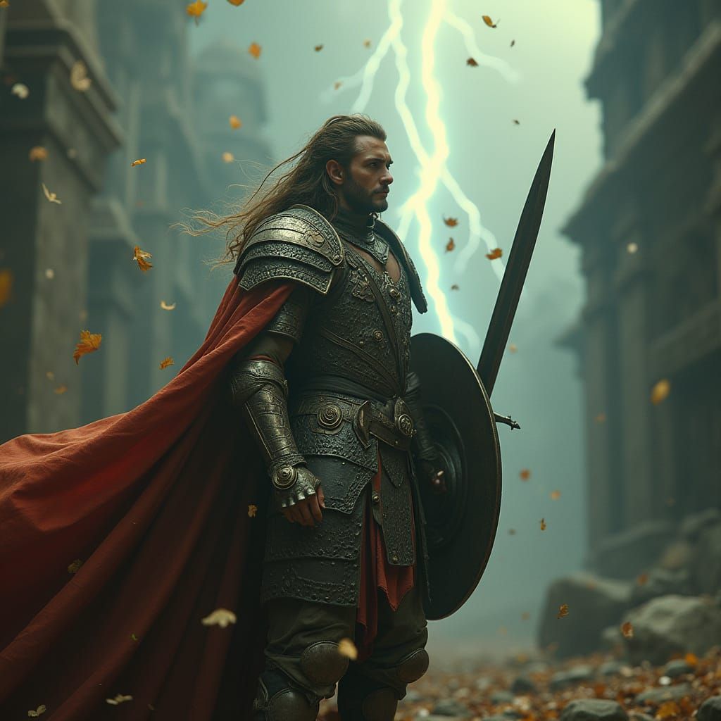 Mythological Hero in Ancient City, Cinematic Still