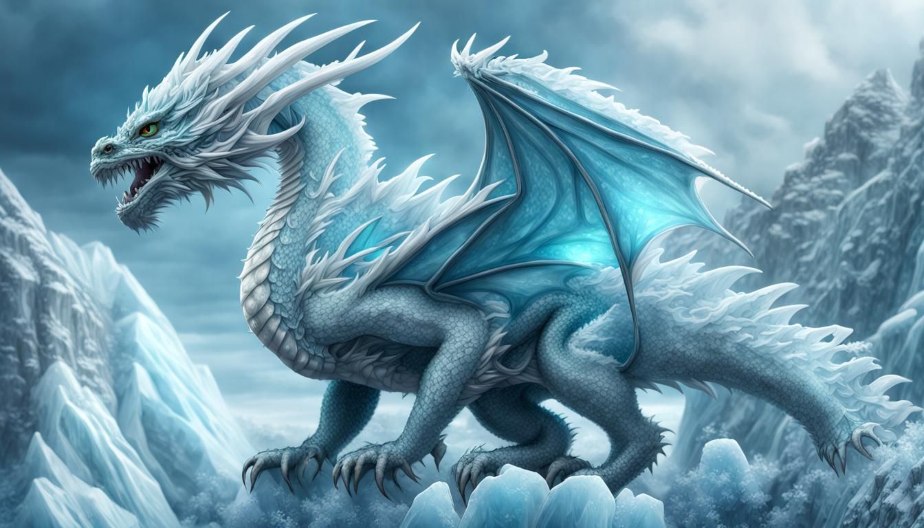 Ice Dragon Flight in Glacier, Hyperrealistic Art