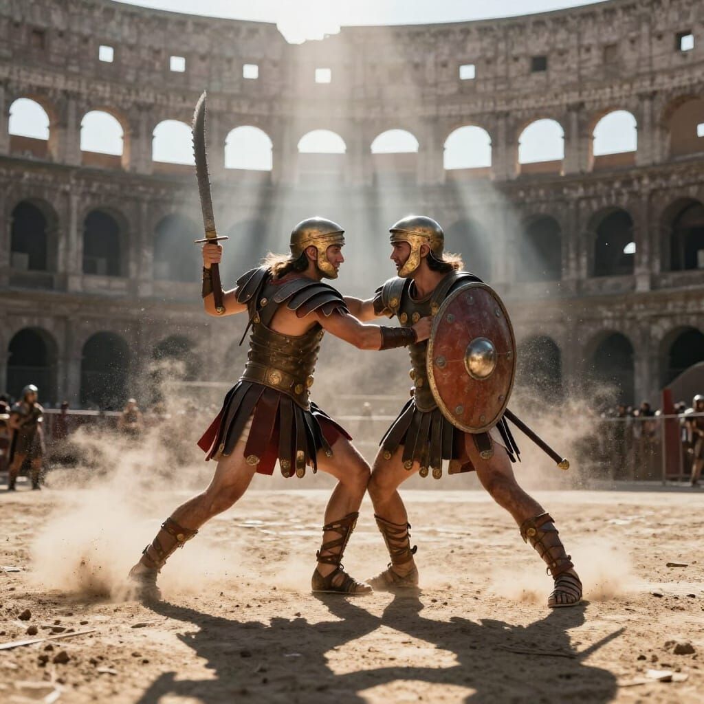 Roman Gladiator Fights in Colosseum Sunlight