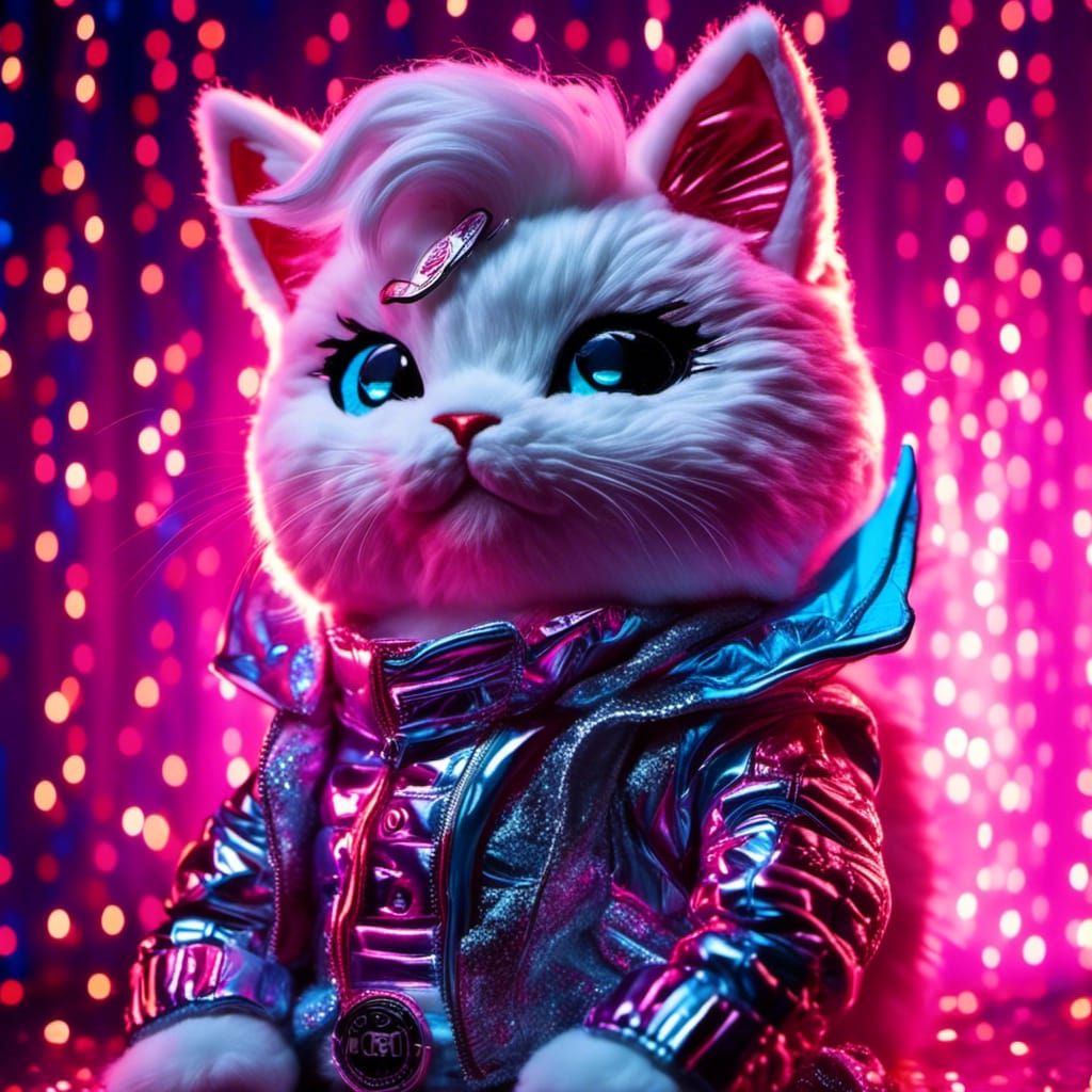 Neon Chibi Plush Unicorn Cat in 80s Style