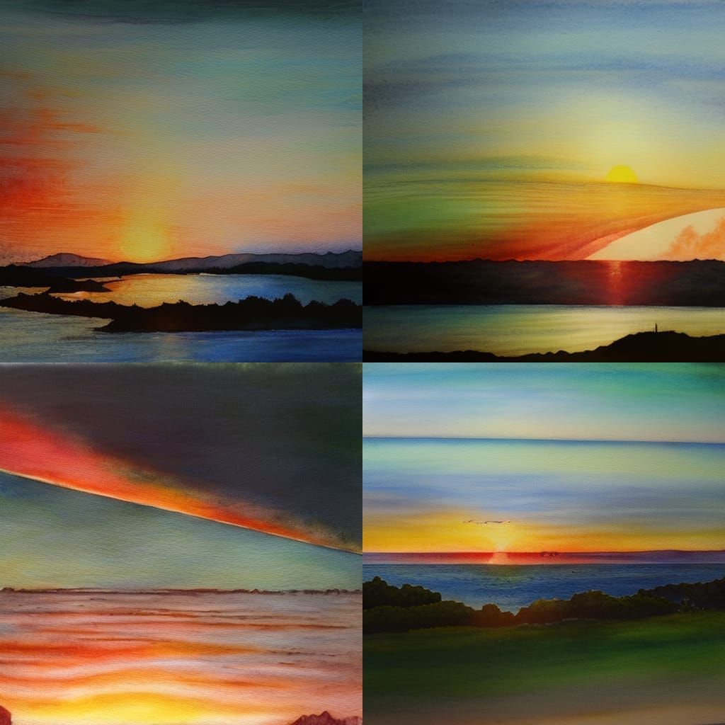 Sunset Over Bay: Hyperrealistic Watercolour Illustration