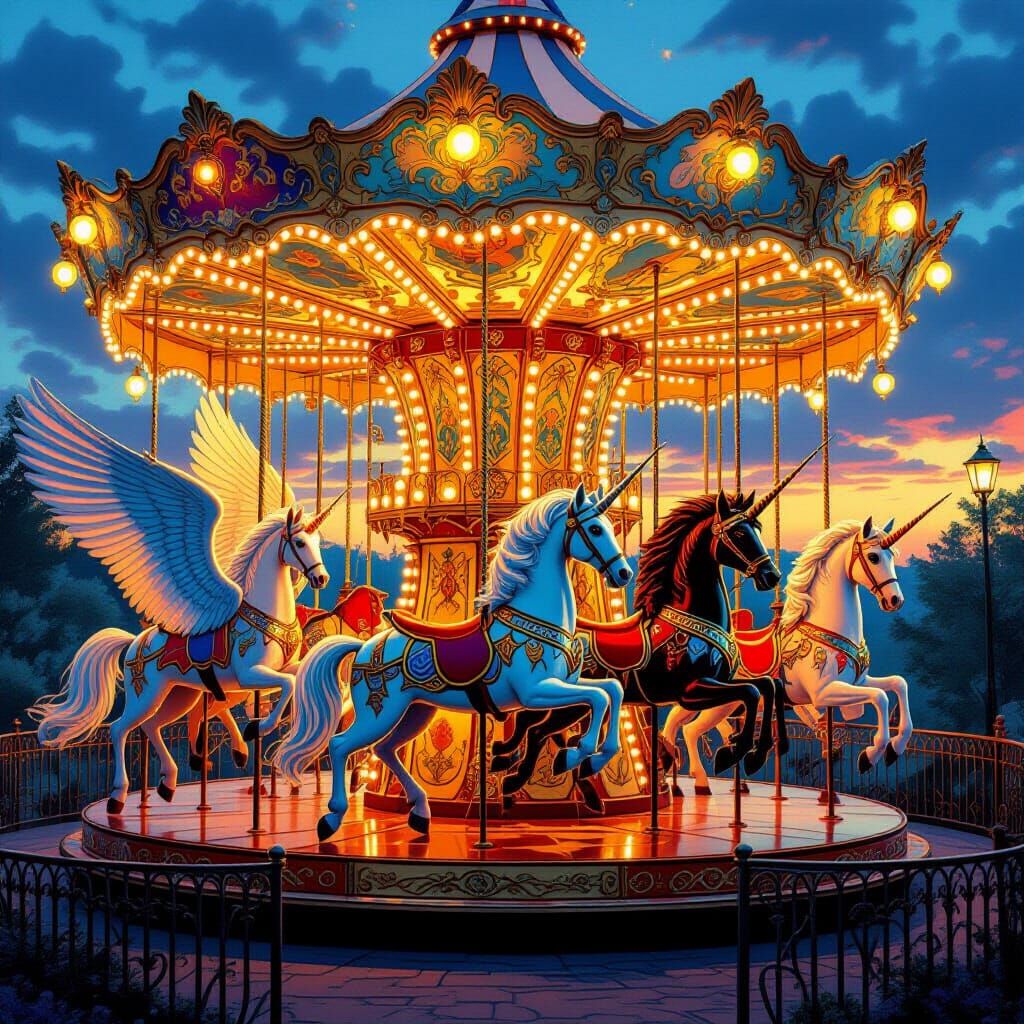 Magical Carousel with Mythical Creatures in Twilight