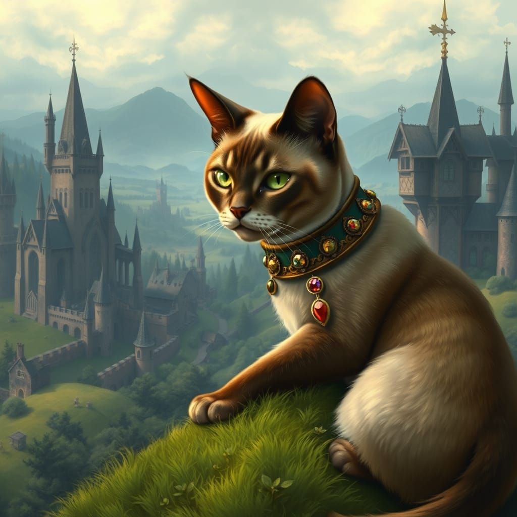 Regal Siamese Cat Overlooking Medieval Kingdom