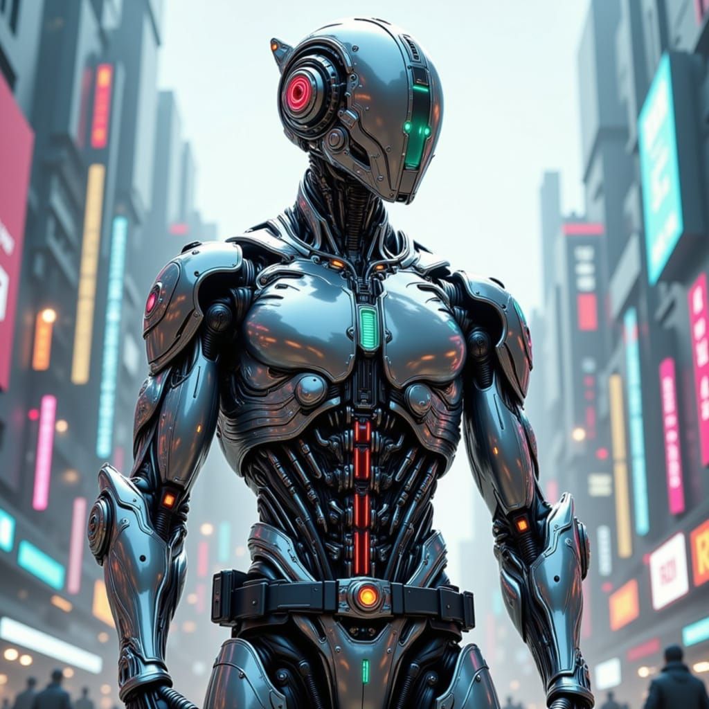 K4-N3 Robot in Futuristic Cyberpunk Cityscape