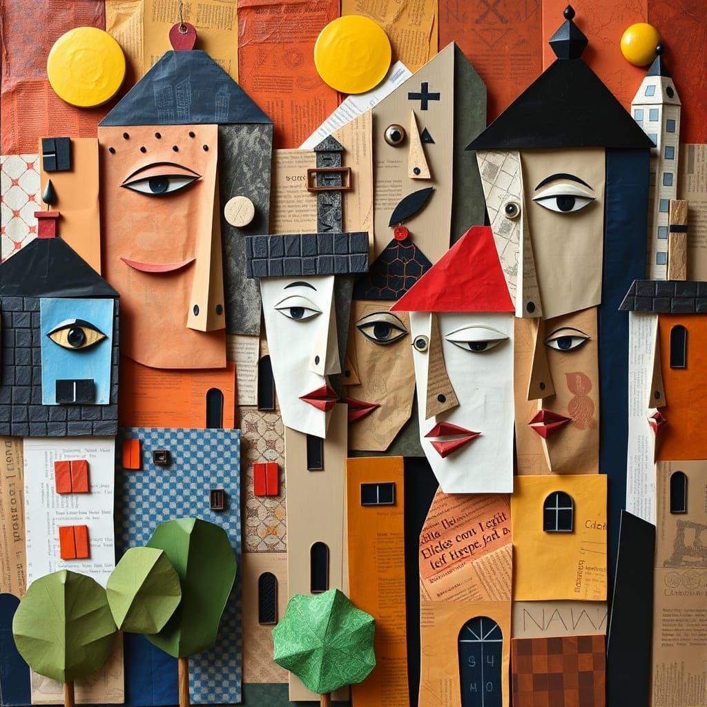 Cubist Cityscape with Face Buildings in Collage Art