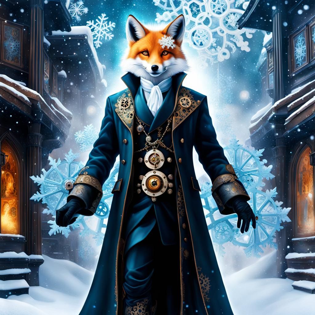 Steampunk winter  male Kitsune, aether powered,  mechanical , gears  snowflakes Infrared photography, apparition, ghostl...