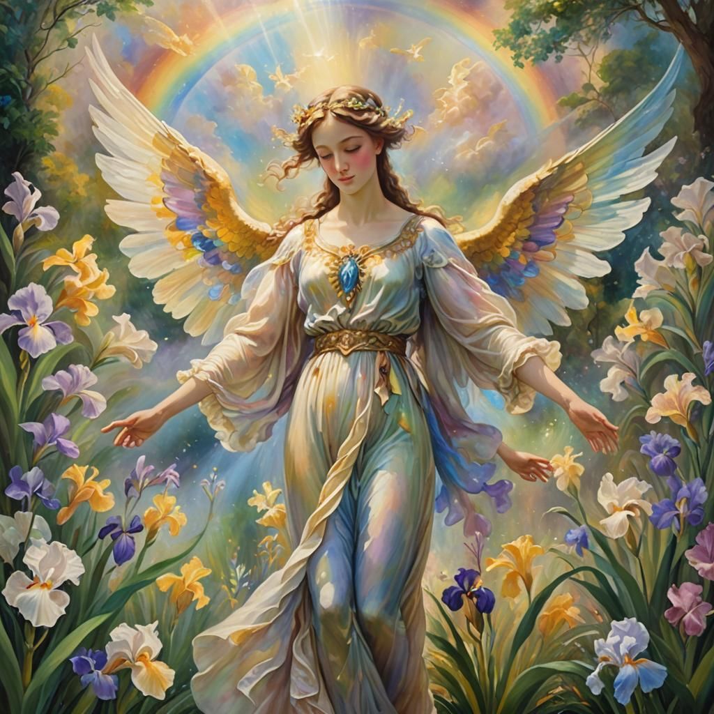 Goddess Iris in Rainbow Garden: Oil Painting