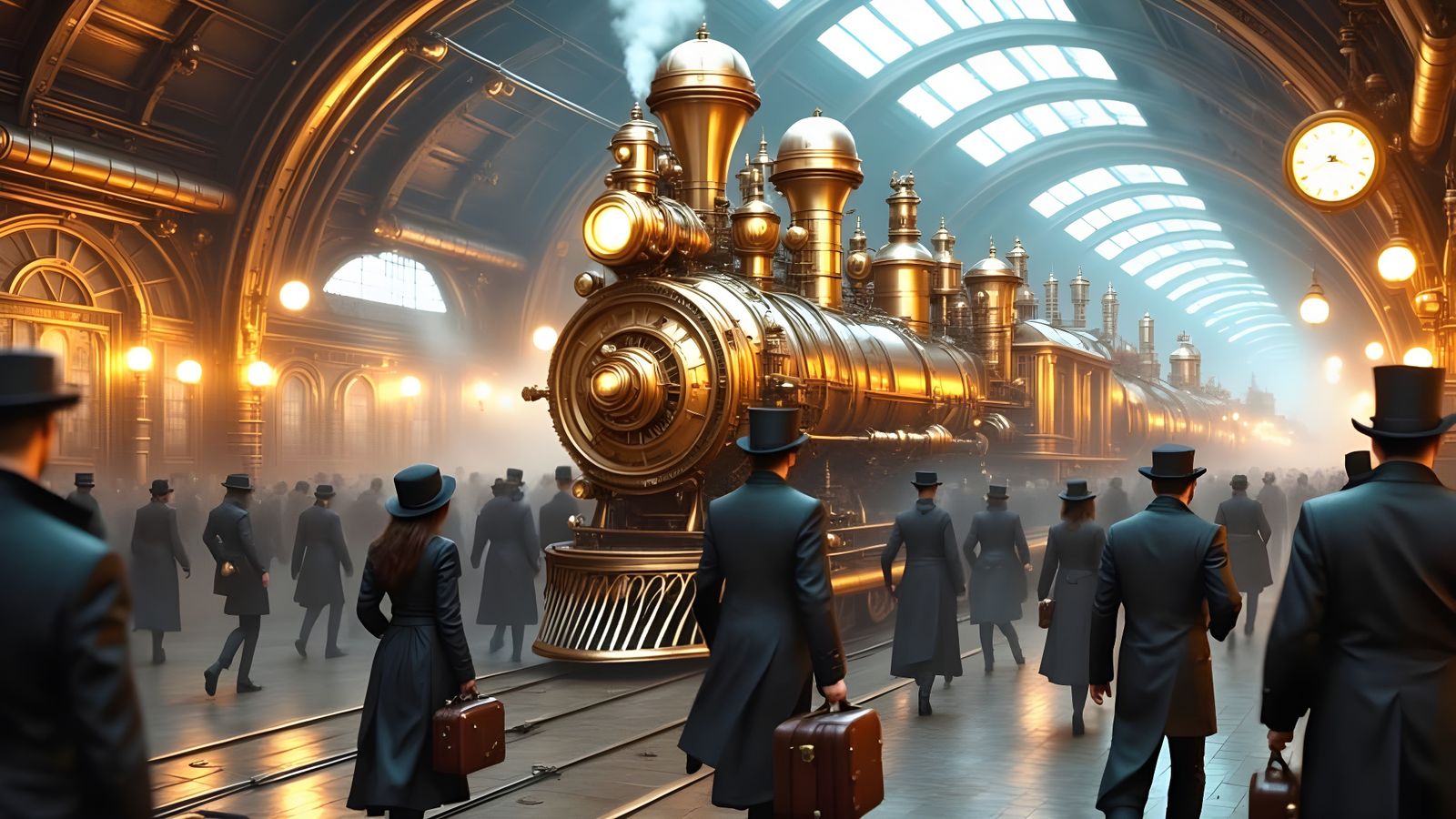 Steampunk Station with Commuters and Engine