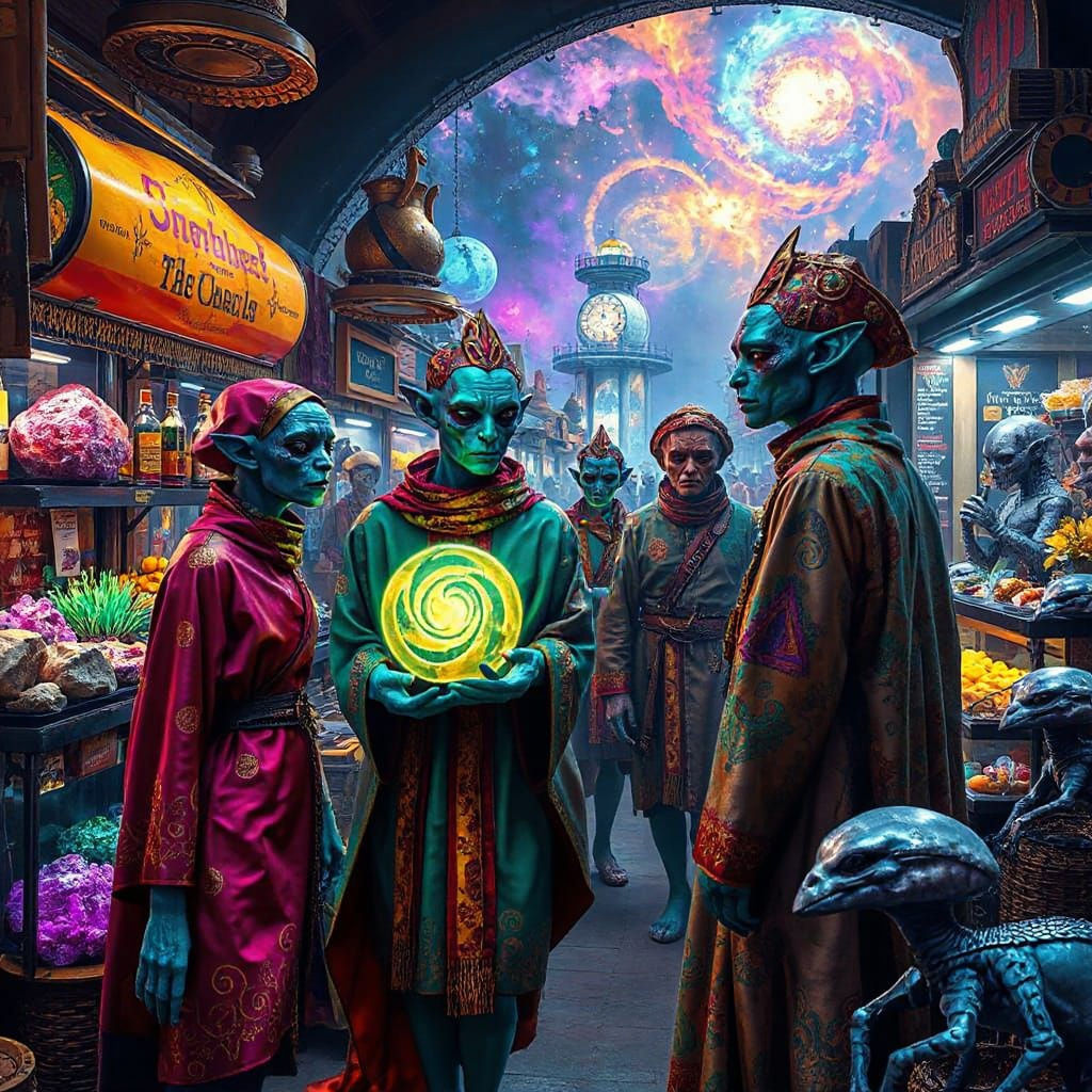 Cosmic Steampunk Marketplace with Alien Merchants