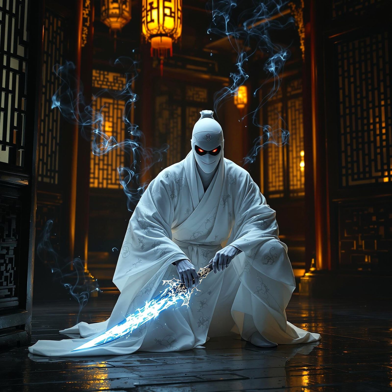 A spectral white ninja, clad in a flowing, intricately patterned white hanfu with subtle, eerie embroidery, crouches ste...