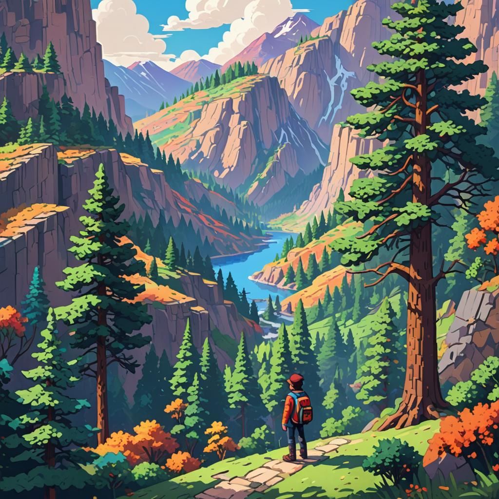 Vibrant Pixel Art Mountain Landscape Adventure