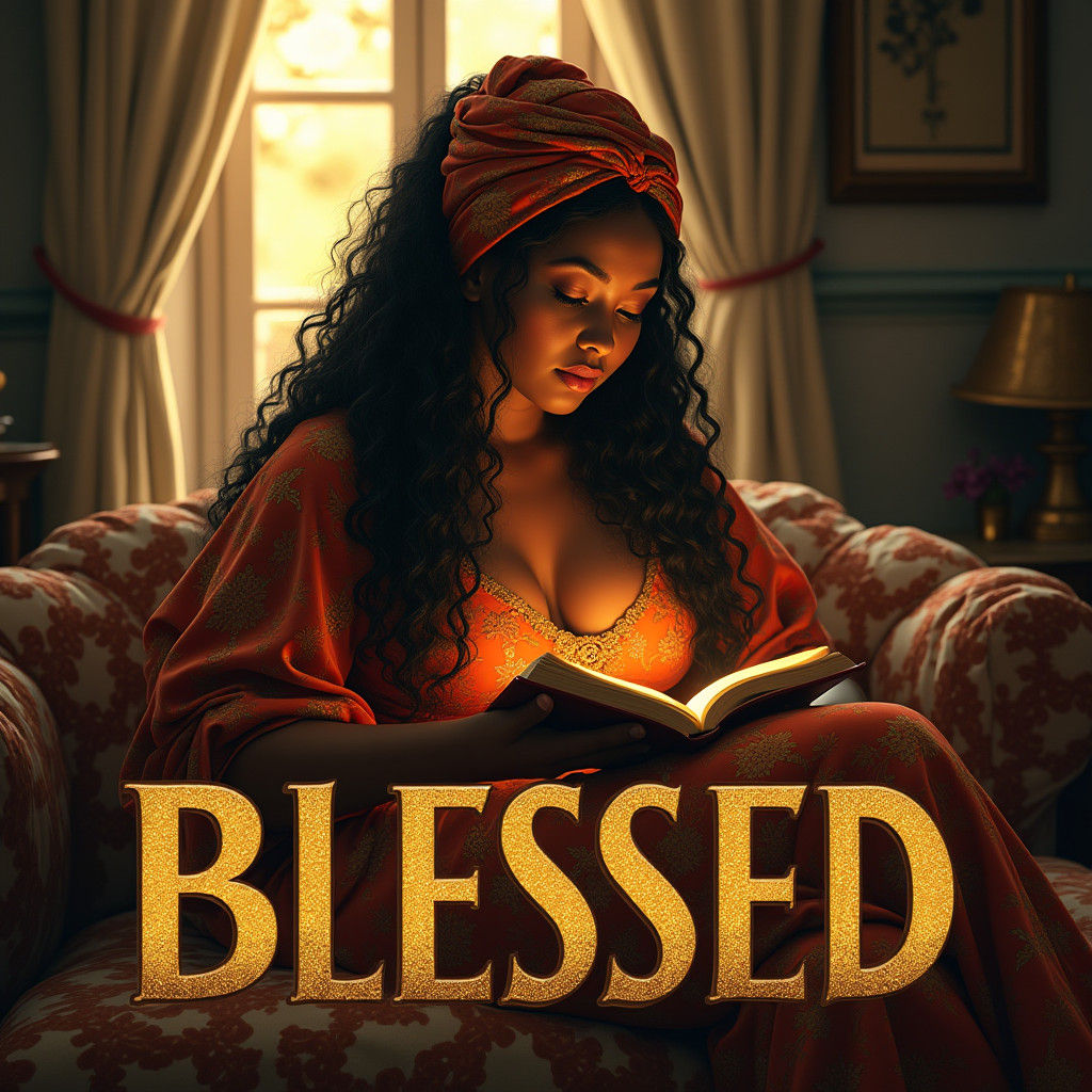 Woman Reading in Moonlight with 'Blessed' Graphic