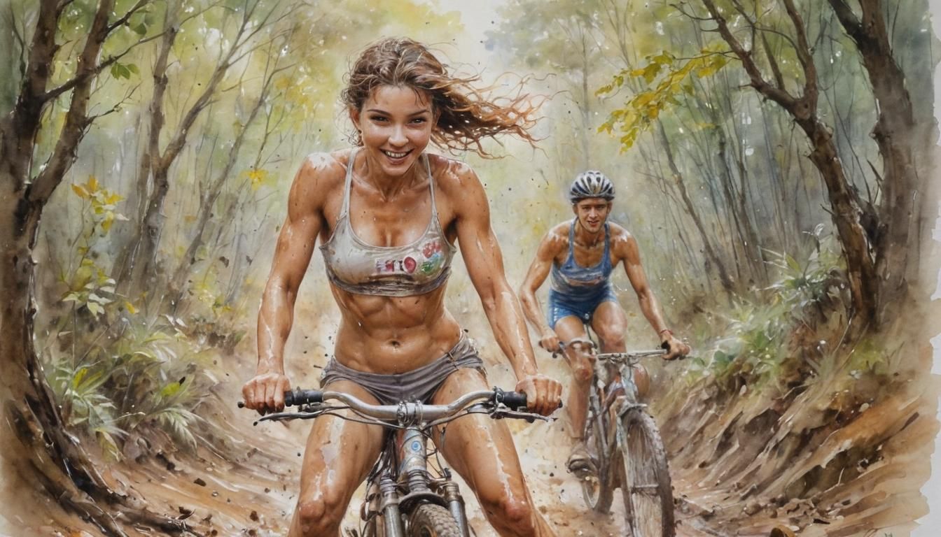 Vibrant Watercolor Portrait of Woman and Cyclist